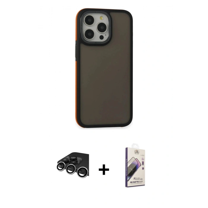 MARSİLYAN™- iPhone 14 Pro Max Kılıf Eksen Işık - Siyah Bilvis 3D Mat Cam Ekran Koruyucu + Raze Metal Kamera Lens - GS
