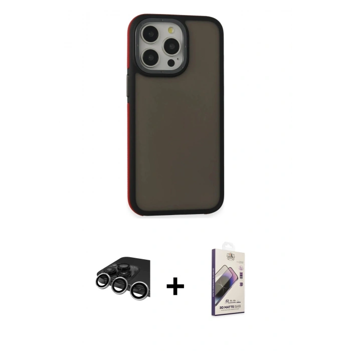 MARSİLYAN™- iPhone 14 Pro Max Kılıf Eksen Işık - Siyah Bilvis 3D Mat Cam Ekran Koruyucu + Raze Metal Kamera Lens - GS