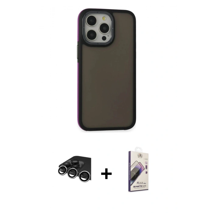 MARSİLYAN™- iPhone 14 Pro Max Kılıf Eksen Işık - Siyah Bilvis 3D Mat Cam Ekran Koruyucu + Raze Metal Kamera Lens - GS