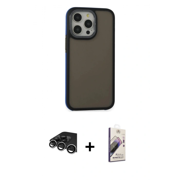 MARSİLYAN™- iPhone 14 Pro Max Kılıf Eksen Işık - Siyah Bilvis 3D Mat Cam Ekran Koruyucu + Raze Metal Kamera Lens - GS