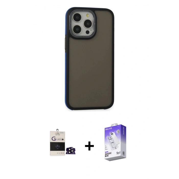 MARSİLYAN™- iPhone 14 Pro Max Kılıf Eksen Işık - Siyah Bilvis 5in1 3D Magic Cam Ekran Koruyucu + Bilvis Titan Kamera Lens - SH