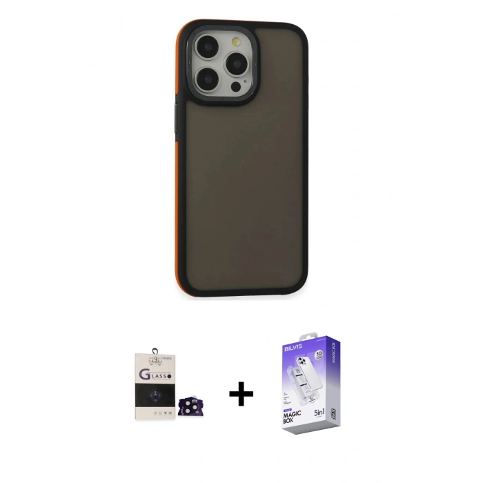 MARSİLYAN™- iPhone 14 Pro Max Kılıf Eksen Işık - Siyah Bilvis 5in1 3D Magic Cam Ekran Koruyucu + Bilvis Titan Kamera Lens - SH