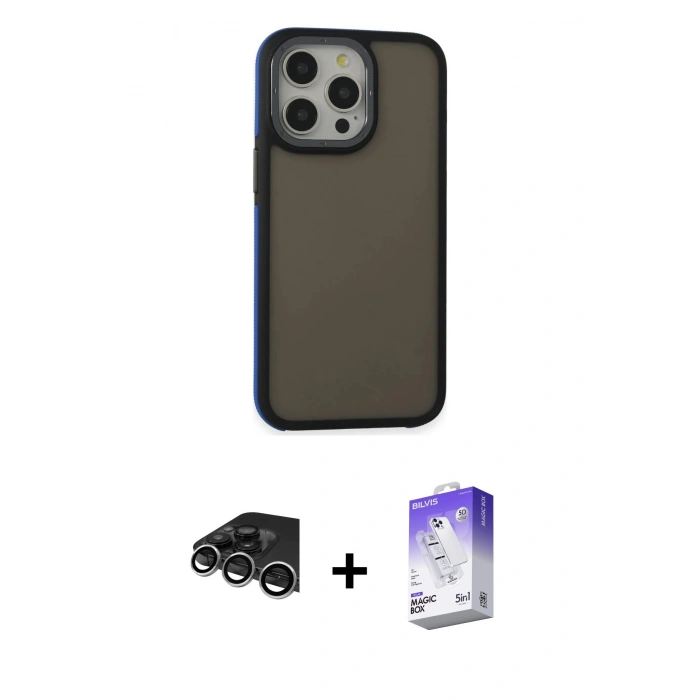 MARSİLYAN™- iPhone 14 Pro Max Kılıf Eksen Işık - Siyah Bilvis 5in1 3D Magic Cam Ekran Koruyucu + Gümüş Raze Metal Kamera Lens