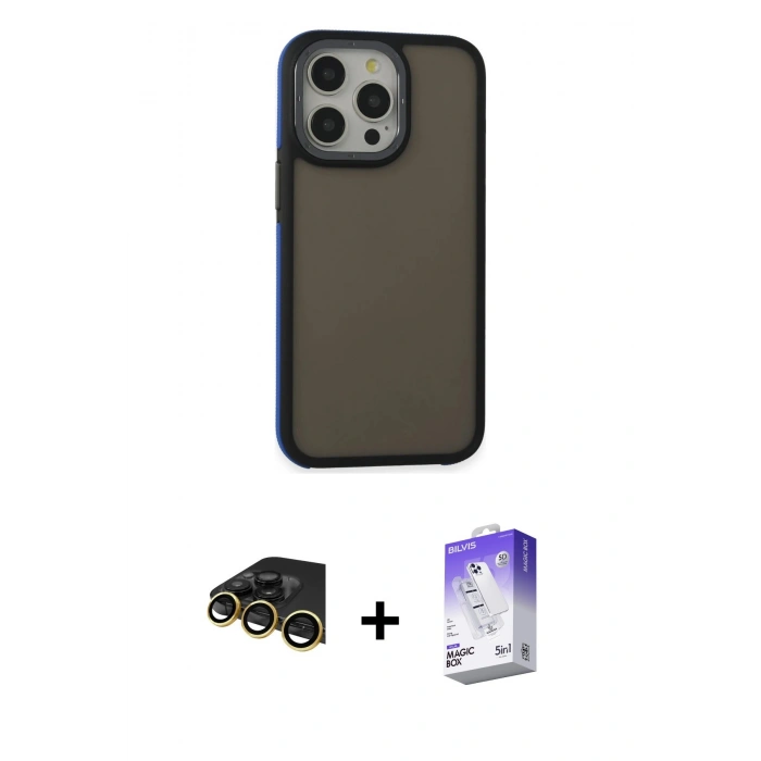 MARSİLYAN™- iPhone 14 Pro Max Kılıf Eksen Işık - Siyah Bilvis 5in1 3D Magic Cam Ekran Koruyucu + Raze Metal Kamera Lens - GD