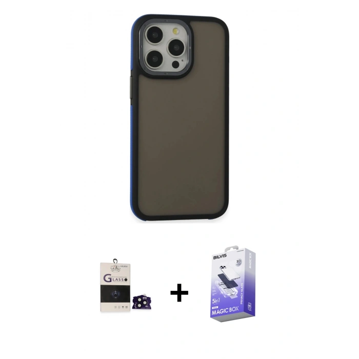 MARSİLYAN™- iPhone 14 Pro Max Kılıf Eksen Işık - Siyah Bilvis 5in1 5D Magic Hayalet Cam Ekran Koruyucu + Bilvis Titan Kamera Lens - SH