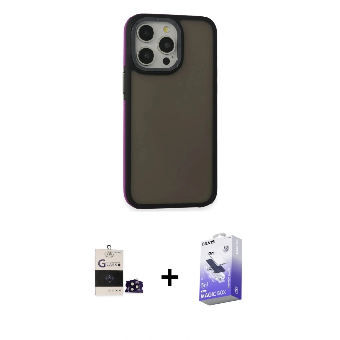 MARSİLYAN™- iPhone 14 Pro Max Kılıf Eksen Işık - Siyah Bilvis 5in1 5D Magic Hayalet Cam Ekran Koruyucu + Bilvis Titan Kamera Lens - SH