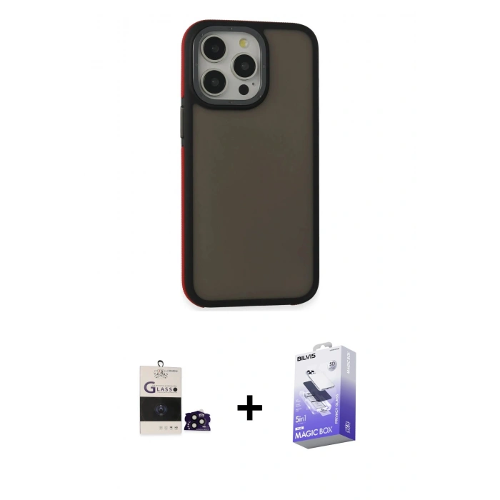 MARSİLYAN™- iPhone 14 Pro Max Kılıf Eksen Işık - Siyah Bilvis 5in1 5D Magic Hayalet Cam Ekran Koruyucu + Bilvis Titan Kamera Lens - SH