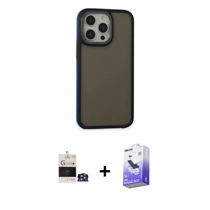 MARSİLYAN™- iPhone 14 Pro Max Kılıf Eksen Işık - Siyah Bilvis 5in1 5D Magic Hayalet Cam Ekran Koruyucu + Bilvis Titan Kamera Lens - GS