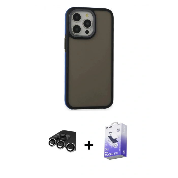 MARSİLYAN™- iPhone 14 Pro Max Kılıf Eksen Işık - Siyah Bilvis 5in1 5D Magic Hayalet Cam Ekran Koruyucu + Gümüş Raze Metal Kamera Lens