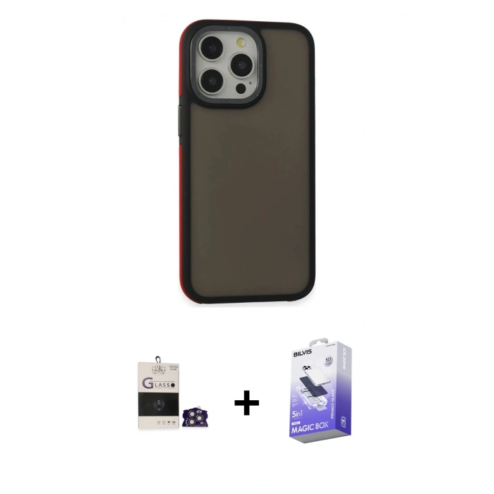 MARSİLYAN™- iPhone 14 Pro Max Kılıf Eksen Işık - Siyah Bilvis 5in1 5D Magic Hayalet Cam Ekran Koruyucu + Bilvis Titan Kamera Lens - GS