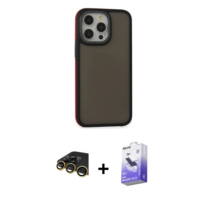 MARSİLYAN™- iPhone 14 Pro Max Kılıf Eksen Işık - Siyah Bilvis 5in1 5D Magic Hayalet Cam Ekran Koruyucu + Gold Raze Metal Kamera Lens