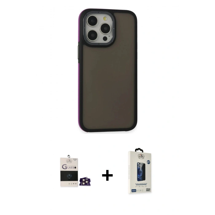MARSİLYAN™- iPhone 14 Pro Max Kılıf Eksen Işık - Siyah Bilvis Hayalet Cam Ekran Koruyucu + Gold Bilvis Titan Kamera Lens