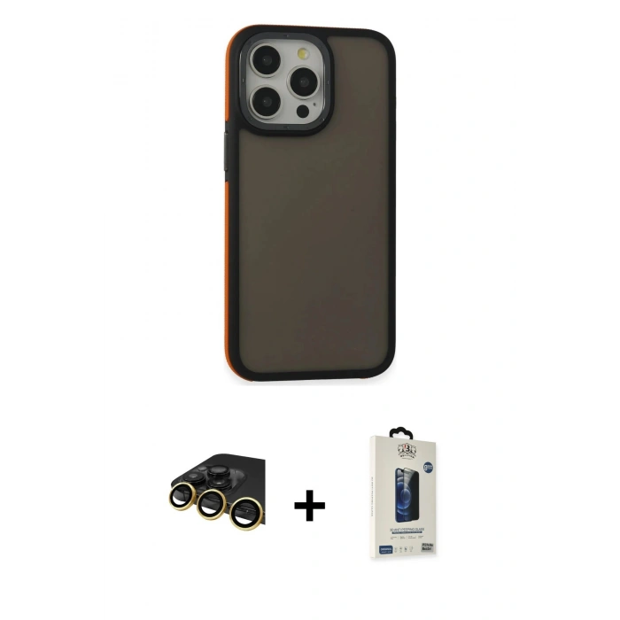 MARSİLYAN™- iPhone 14 Pro Max Kılıf Eksen Işık - Siyah Bilvis Hayalet Cam Ekran Koruyucu + Raze Metal Kamera Lens - GD