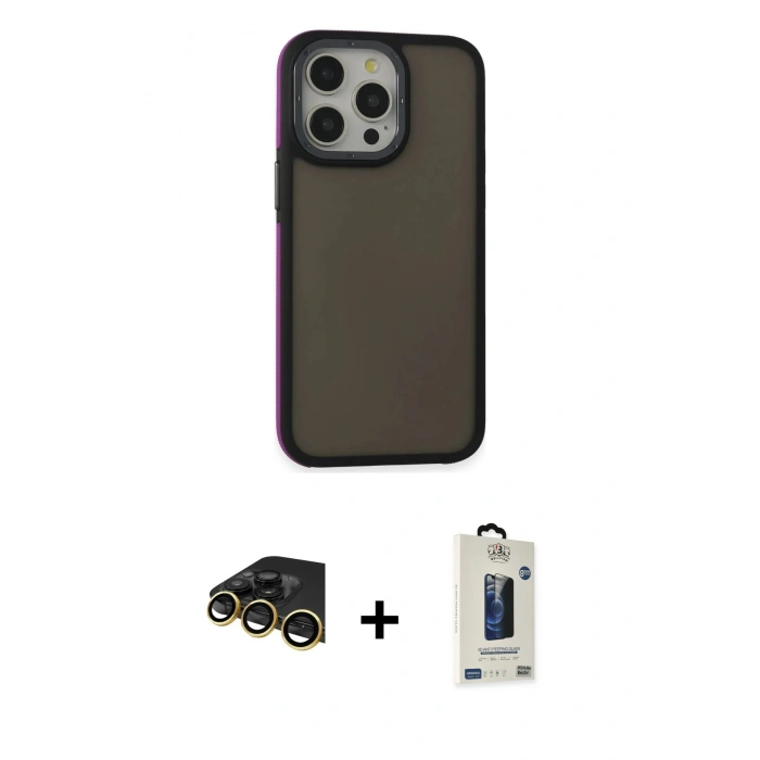 MARSİLYAN™- iPhone 14 Pro Max Kılıf Eksen Işık - Siyah Bilvis Hayalet Cam Ekran Koruyucu + Raze Metal Kamera Lens - GD