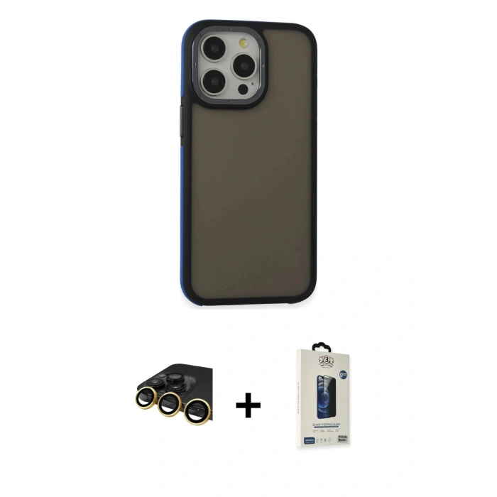 MARSİLYAN™- iPhone 14 Pro Max Kılıf Eksen Işık - Siyah Bilvis Hayalet Cam Ekran Koruyucu + Raze Metal Kamera Lens - GD