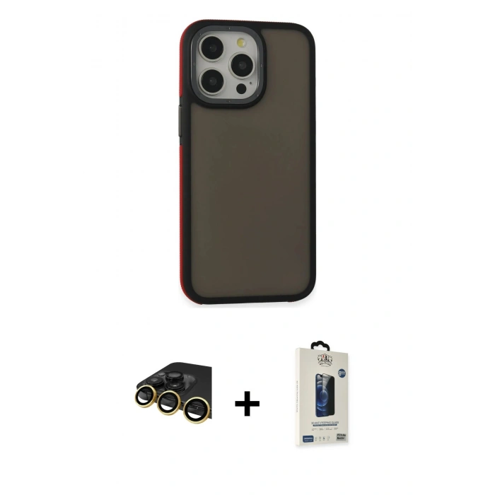 MARSİLYAN™- iPhone 14 Pro Max Kılıf Eksen Işık - Siyah Bilvis Hayalet Cam Ekran Koruyucu + Raze Metal Kamera Lens - GD