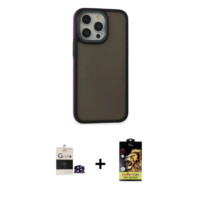 MARSİLYAN™- iPhone 14 Pro Max Kılıf Eksen Işık - Siyah Buffer Cam Ekran Koruyucu + Bilvis Titan Kamera Lens - SH