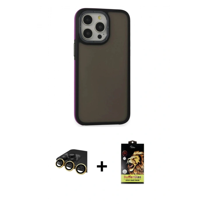 MARSİLYAN™- iPhone 14 Pro Max Kılıf Eksen Işık - Siyah Buffer Cam Ekran Koruyucu + Raze Metal Kamera Lens - GD