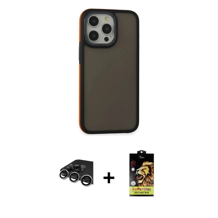 MARSİLYAN™- iPhone 14 Pro Max Kılıf Eksen Işık - Siyah Buffer Cam Ekran Koruyucu + Raze Metal Kamera Lens - GS