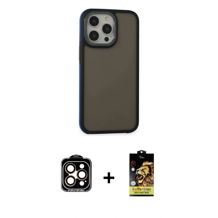 MARSİLYAN™- iPhone 14 Pro Max Kılıf Eksen Işık - Siyah Buffer Cam Ekran Koruyucu + Turuncu PVD Metal Kamera Lens