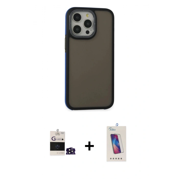 MARSİLYAN™- iPhone 14 Pro Max Kılıf Eksen Işık - Siyah Joko 5D Cam + Derin Mor Bilvis Titan Kamera Lens