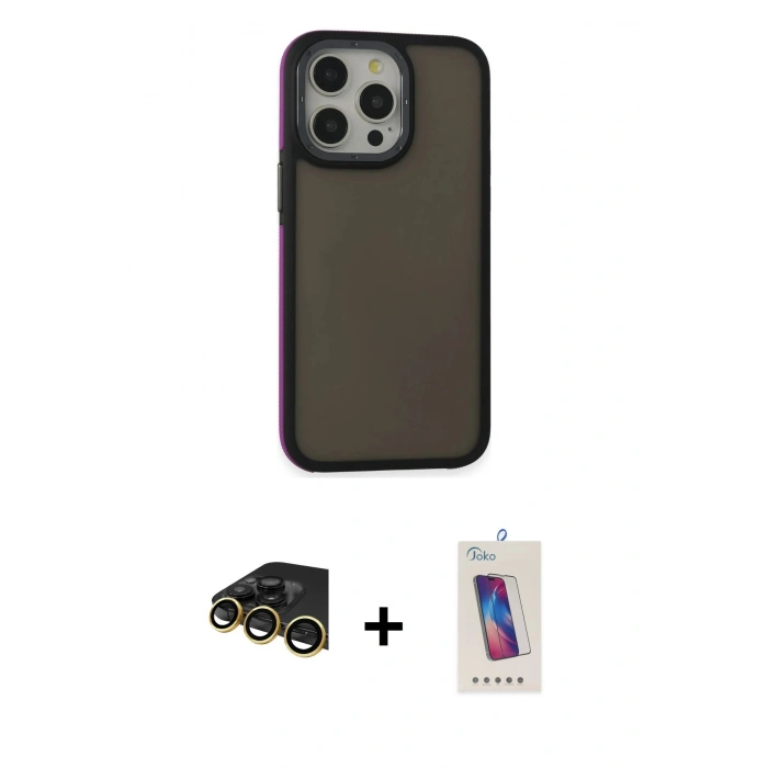 MARSİLYAN™- iPhone 14 Pro Max Kılıf Eksen Işık - Siyah Joko 5D Cam + Raze Metal Kamera Lens - GD