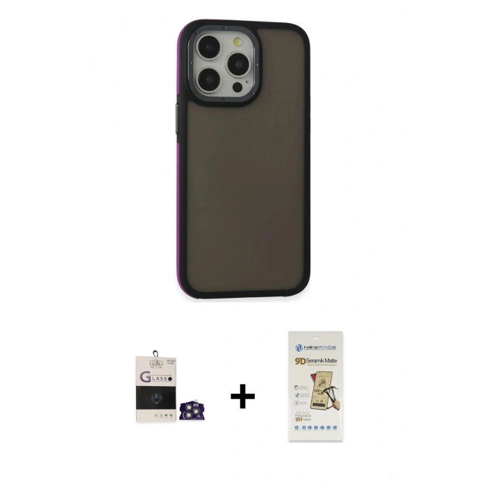 MARSİLYAN™- iPhone 14 Pro Max Kılıf Eksen Işık - Siyah Mat Seramik Nano Ekran Koruyucu + Bilvis Titan Kamera Lens - GS