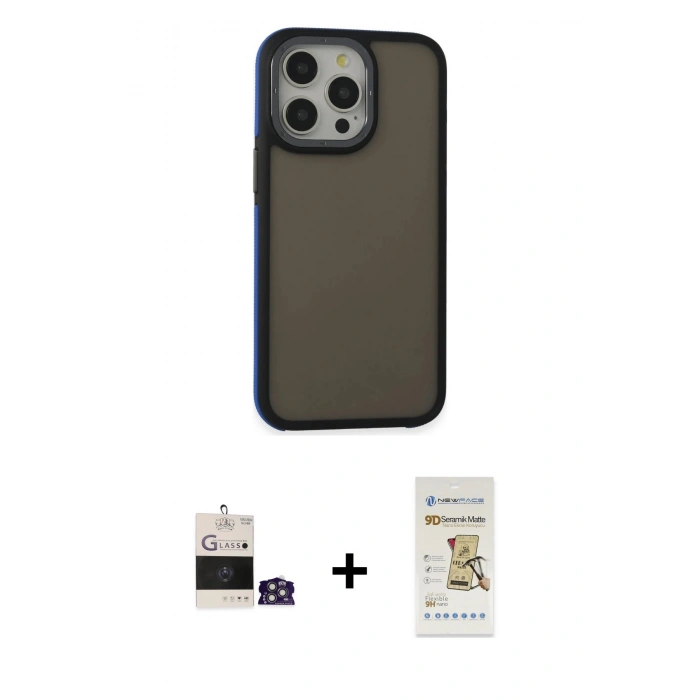 MARSİLYAN™- iPhone 14 Pro Max Kılıf Eksen Işık - Siyah Mat Seramik Nano Ekran Koruyucu + Bilvis Titan Kamera Lens - GS