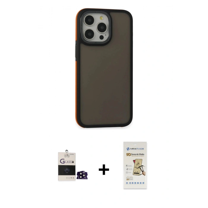 MARSİLYAN™- iPhone 14 Pro Max Kılıf Eksen Işık - Siyah Mat Seramik Nano Ekran Koruyucu + Bilvis Titan Kamera Lens - SH
