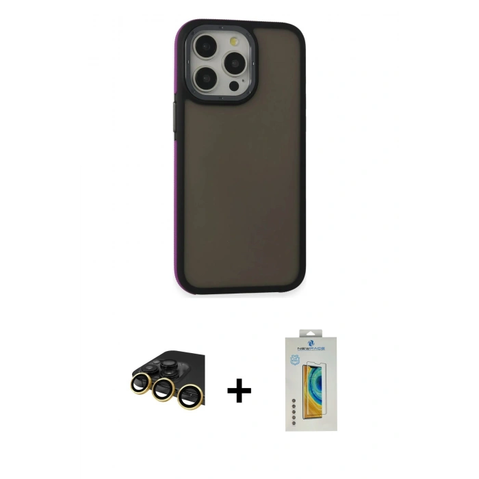 MARSİLYAN™- iPhone 14 Pro Max Kılıf Eksen Işık - Siyah Polymer Nano Ekran Koruyucu + Raze Metal Kamera Lens - GD