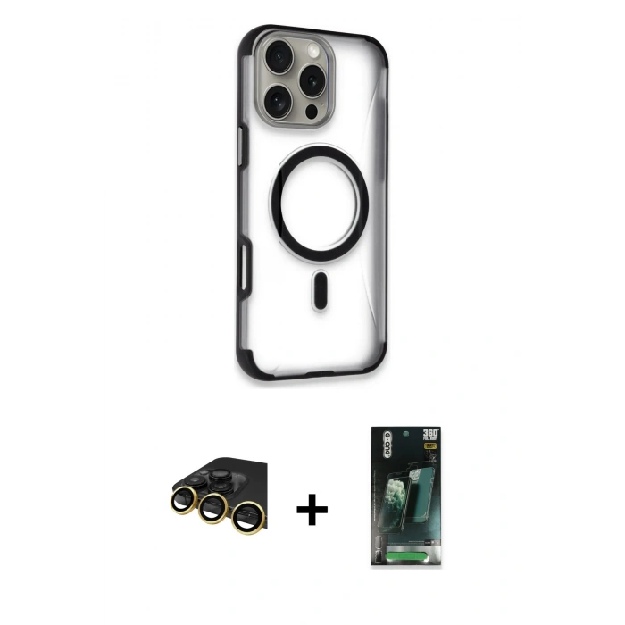 MARSİLYAN™- iPhone 14 Pro Max Kılıf Eksen Klasik Koleksiyonu - Şeffaf 360 Full Body Arka Koruyucu + Raze Metal Kamera Lens - GD
