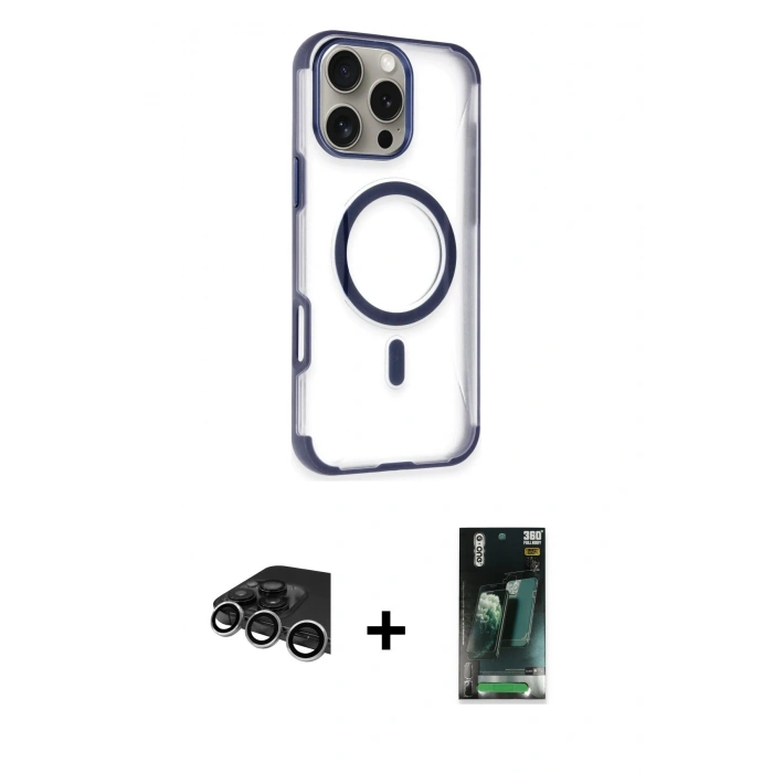 MARSİLYAN™- iPhone 14 Pro Max Kılıf Eksen Klasik Koleksiyonu - Şeffaf 360 Full Body Arka Koruyucu + Raze Metal Kamera Lens - GS