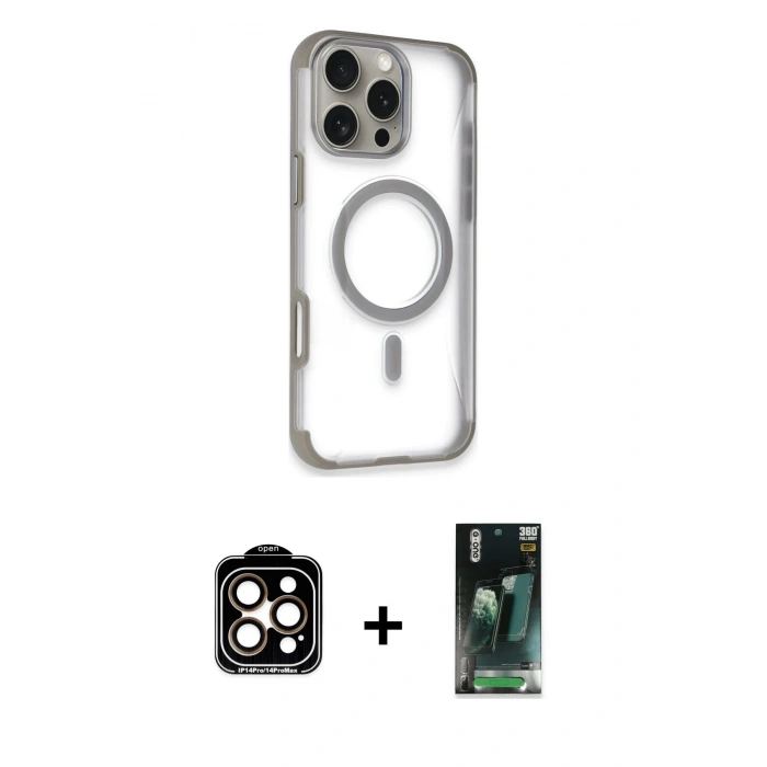 MARSİLYAN™- iPhone 14 Pro Max Kılıf Eksen Klasik Koleksiyonu - Şeffaf 360 Full Body Arka Koruyucu + PVD Metal Kamera Lens - TU