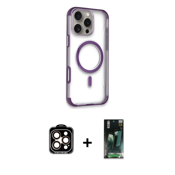 MARSİLYAN™- iPhone 14 Pro Max Kılıf Eksen Klasik Koleksiyonu - Şeffaf 360 Full Body Arka Koruyucu + Turuncu PVD Metal Kamera Lens