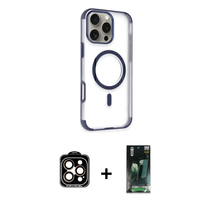 MARSİLYAN™- iPhone 14 Pro Max Kılıf Eksen Klasik Koleksiyonu - Şeffaf 360 Full Body Arka Koruyucu + Turuncu PVD Metal Kamera Lens