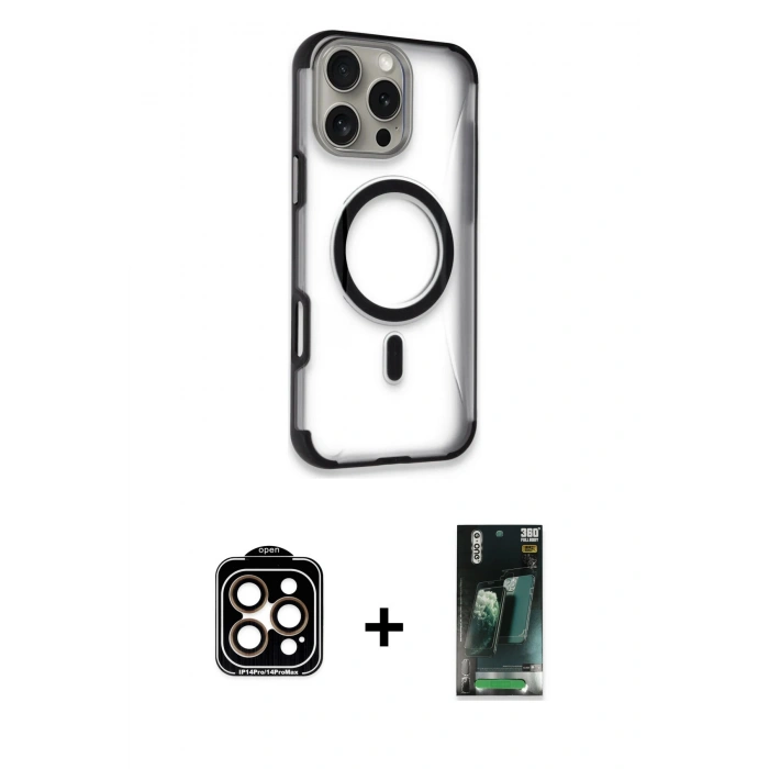 MARSİLYAN™- iPhone 14 Pro Max Kılıf Eksen Klasik Koleksiyonu - Şeffaf 360 Full Body Arka Koruyucu + Turuncu PVD Metal Kamera Lens