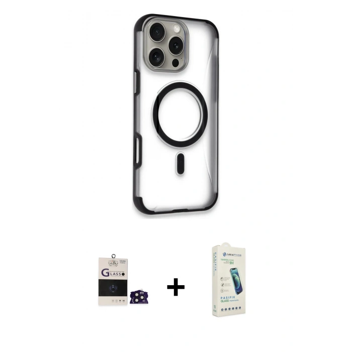 MARSİLYAN™- iPhone 14 Pro Max Kılıf Eksen Klasik Koleksiyonu - Şeffaf Pasifik Cam Ekran Koruyucu + Bilvis Titan Kamera Lens - DNMR