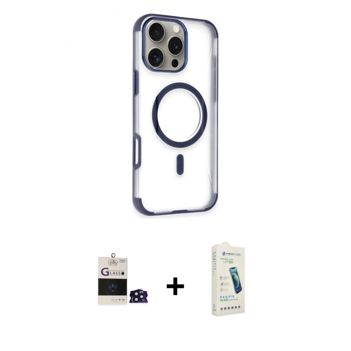 MARSİLYAN™- iPhone 14 Pro Max Kılıf Eksen Klasik Koleksiyonu - Şeffaf Pasifik Cam Ekran Koruyucu + Bilvis Titan Kamera Lens - DNMR