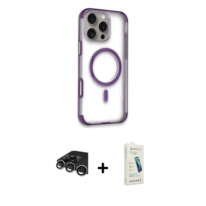 MARSİLYAN™- iPhone 14 Pro Max Kılıf Eksen Klasik Koleksiyonu - Şeffaf Pasifik Cam Ekran Koruyucu + Raze Metal Kamera Lens - GS