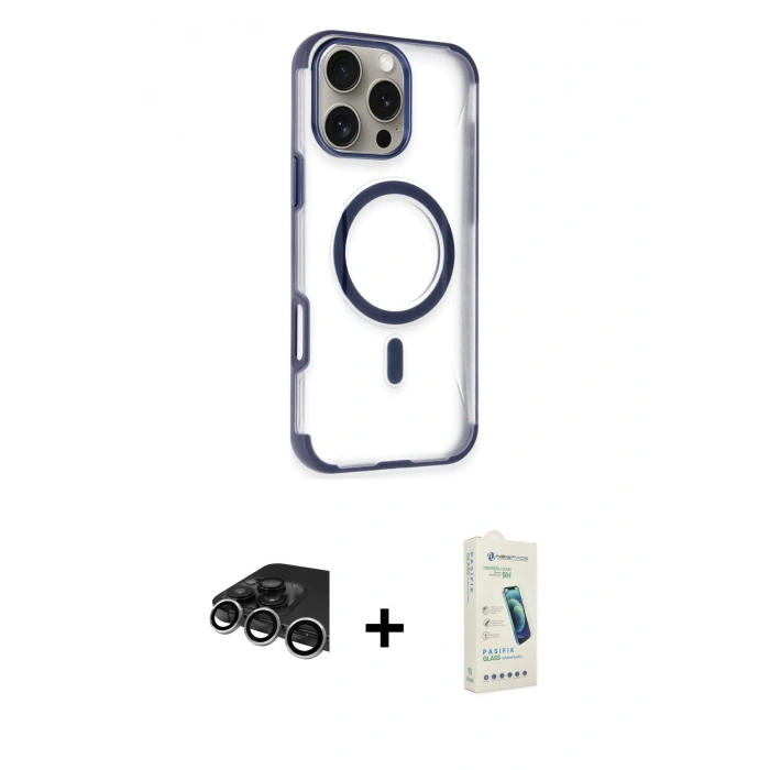 MARSİLYAN™- iPhone 14 Pro Max Kılıf Eksen Klasik Koleksiyonu - Şeffaf Pasifik Cam Ekran Koruyucu + Raze Metal Kamera Lens - GS