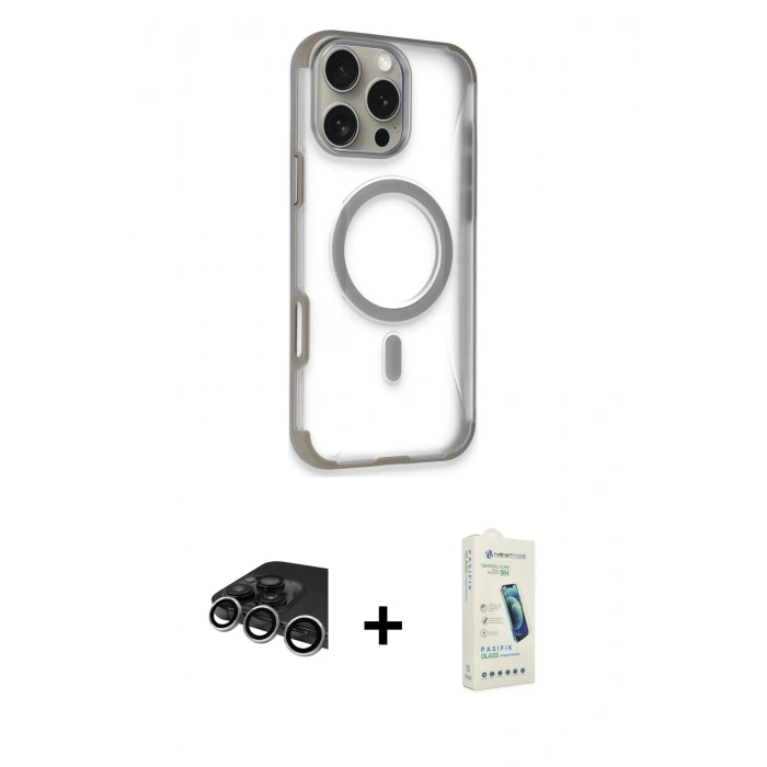 MARSİLYAN™- iPhone 14 Pro Max Kılıf Eksen Klasik Koleksiyonu - Şeffaf Pasifik Cam Ekran Koruyucu + Raze Metal Kamera Lens - GS