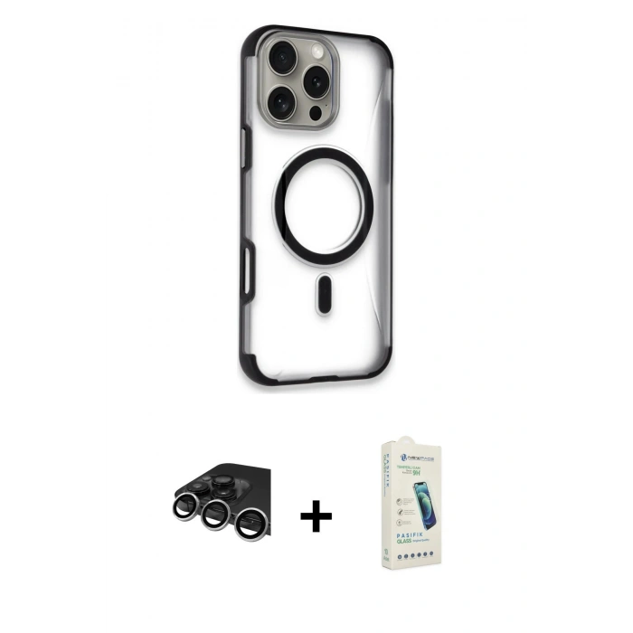 MARSİLYAN™- iPhone 14 Pro Max Kılıf Eksen Klasik Koleksiyonu - Şeffaf Pasifik Cam Ekran Koruyucu + Raze Metal Kamera Lens - GS