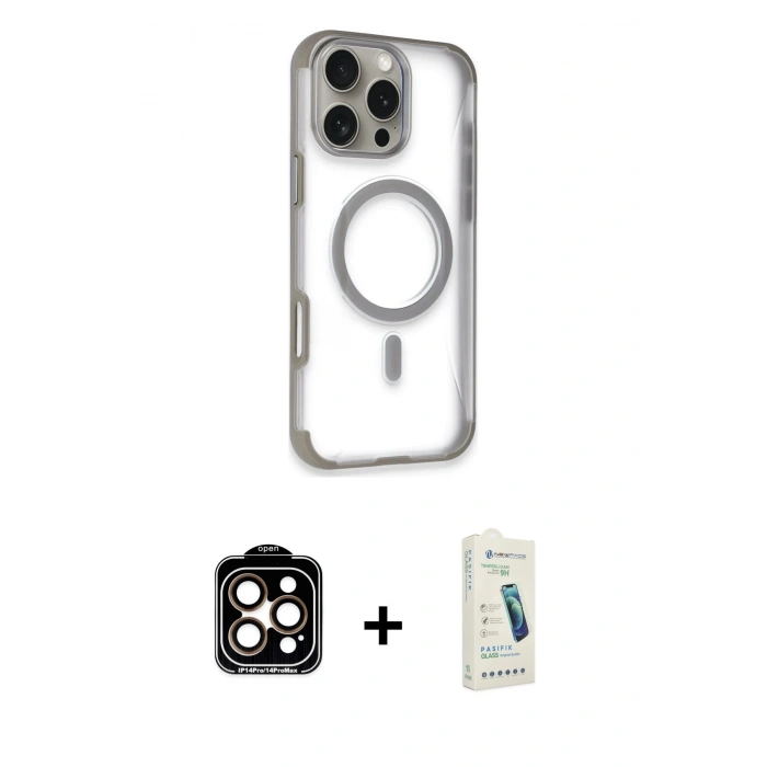 MARSİLYAN™- iPhone 14 Pro Max Kılıf Eksen Klasik Koleksiyonu - Şeffaf Pasifik Cam Ekran Koruyucu + PVD Metal Kamera Lens - TU