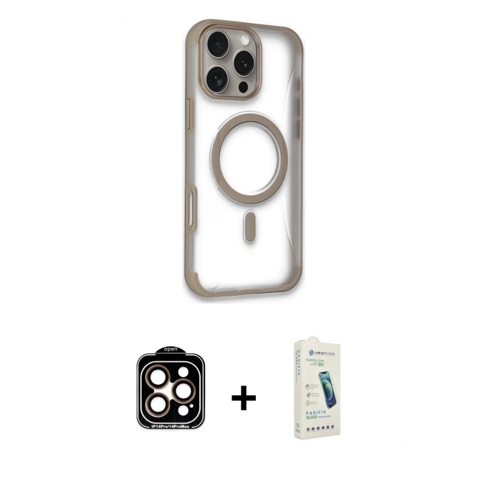 MARSİLYAN™- iPhone 14 Pro Max Kılıf Eksen Klasik Koleksiyonu - Şeffaf Pasifik Cam Ekran Koruyucu + PVD Metal Kamera Lens - TU