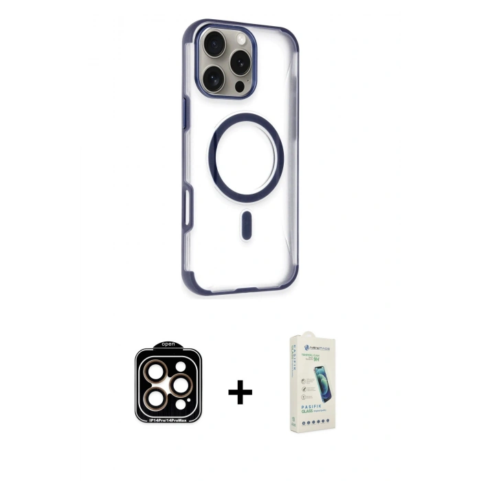 MARSİLYAN™- iPhone 14 Pro Max Kılıf Eksen Klasik Koleksiyonu - Şeffaf Pasifik Cam Ekran Koruyucu + PVD Metal Kamera Lens - TU