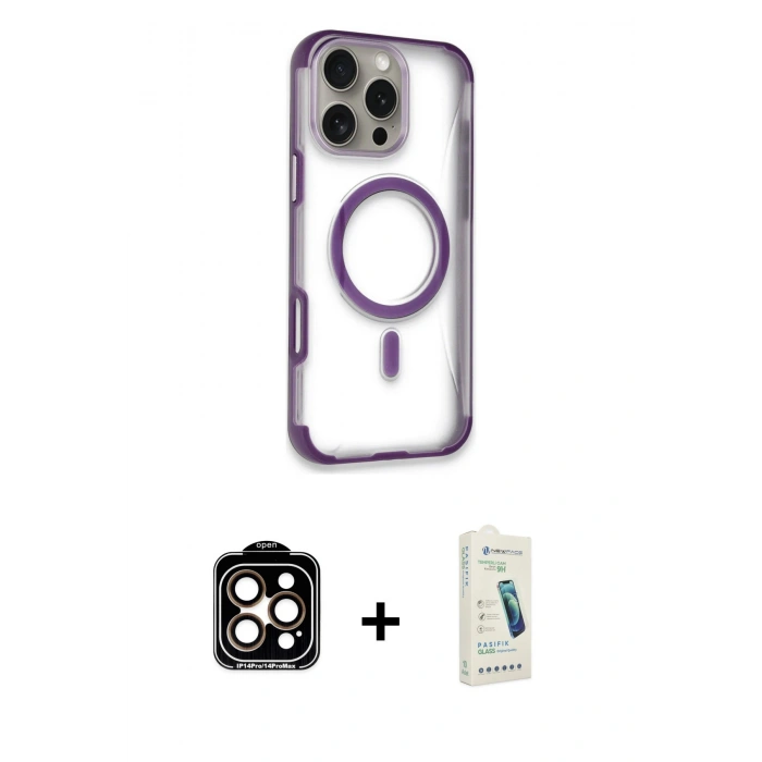 MARSİLYAN™- iPhone 14 Pro Max Kılıf Eksen Klasik Koleksiyonu - Şeffaf Pasifik Cam Ekran Koruyucu + PVD Metal Kamera Lens - TU