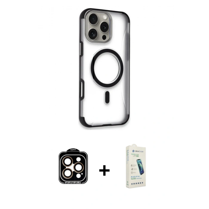 MARSİLYAN™- iPhone 14 Pro Max Kılıf Eksen Klasik Koleksiyonu - Şeffaf Pasifik Cam Ekran Koruyucu + PVD Metal Kamera Lens - TU