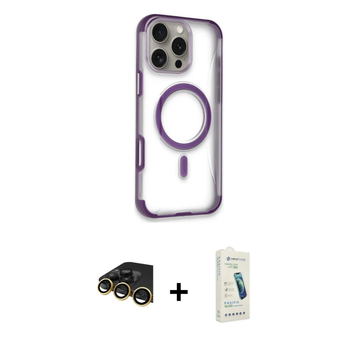 MARSİLYAN™- iPhone 14 Pro Max Kılıf Eksen Klasik Koleksiyonu - Şeffaf Pasifik Cam Ekran Koruyucu + Raze Metal Kamera Lens - GD