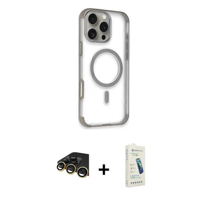 MARSİLYAN™- iPhone 14 Pro Max Kılıf Eksen Klasik Koleksiyonu - Şeffaf Pasifik Cam Ekran Koruyucu + Raze Metal Kamera Lens - GD