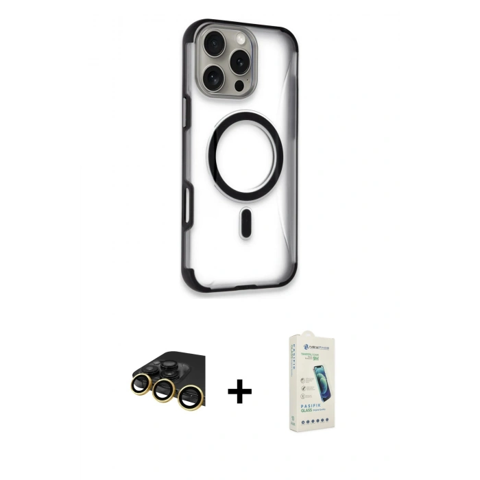 MARSİLYAN™- iPhone 14 Pro Max Kılıf Eksen Klasik Koleksiyonu - Şeffaf Pasifik Cam Ekran Koruyucu + Raze Metal Kamera Lens - GD